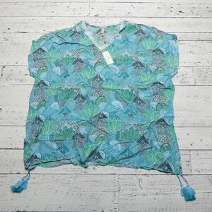 Helen Jon Caftan Top Womens Small Blue Green Leaf Print Tassel Boho Beachy Rayon